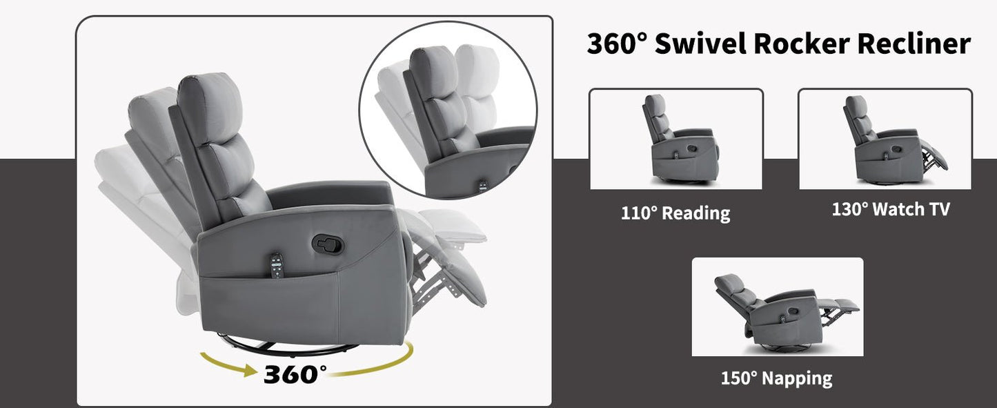 Heat Massage Manual Recliner Chair with Rocker and Swivel in Fabric for Living Room, Grey - 1st Choice Furniture Direct