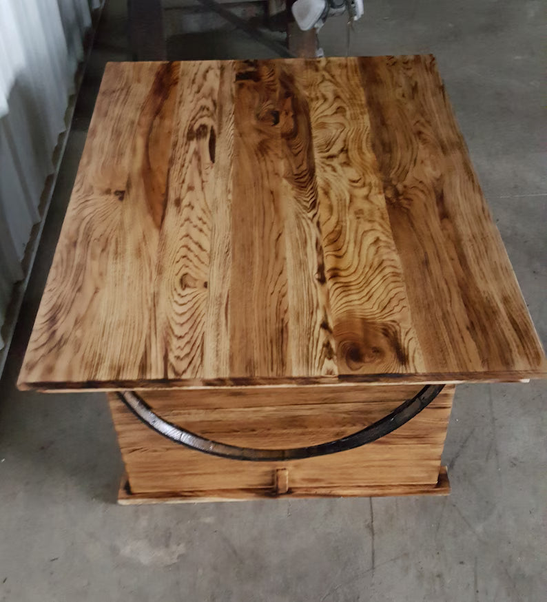 Whiskey Barrel Lift Top Coffee Table | Rustic Barrel Storage Table