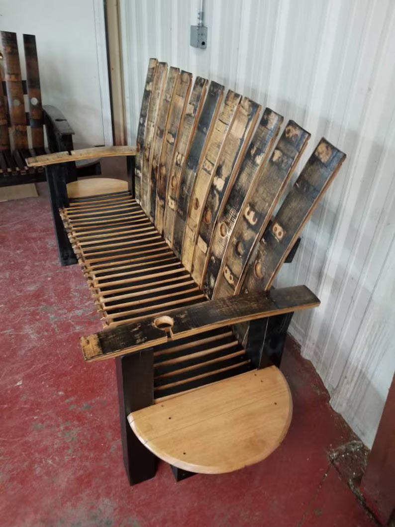 Whiskey Barrel Stave Bench with Built-In End Tables | Rustic Outdoor Seating (82")