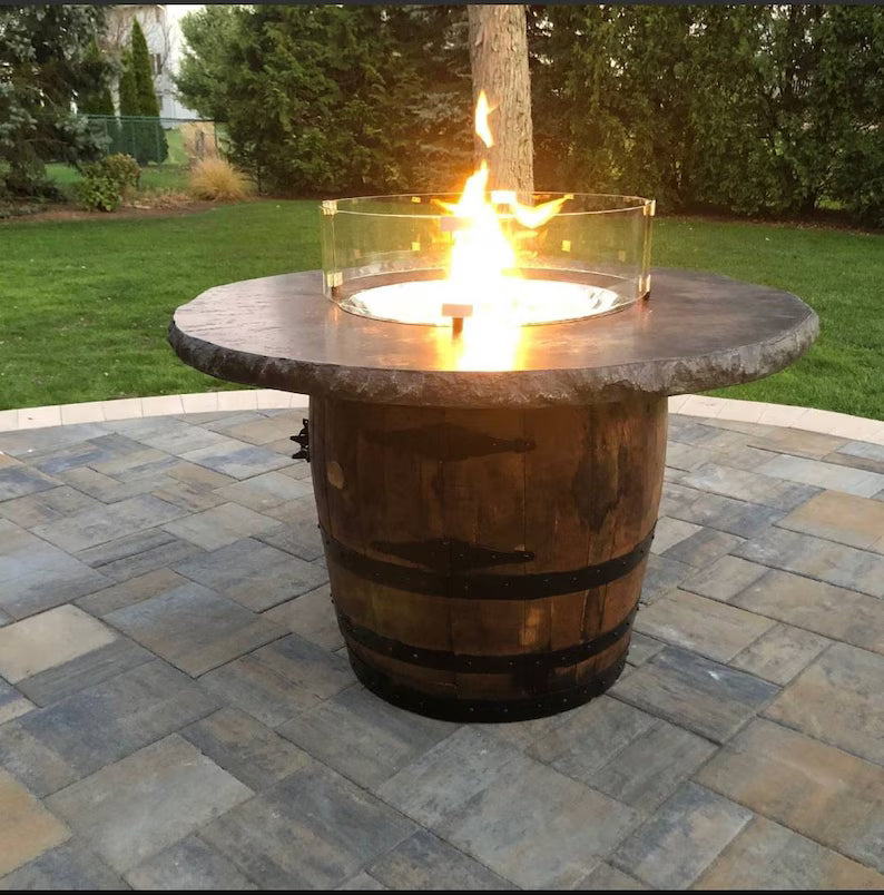 Whiskey Barrel Fire Pit Table with Concrete Top – 44” Outdoor Propane Fire Table