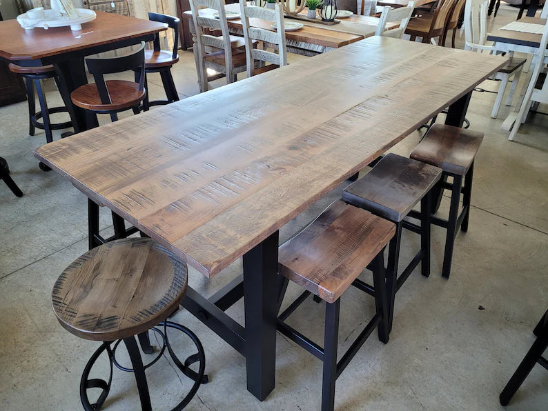 Brown Maple High Top Farmhouse Table – Solid Wood Rustic Dining Table