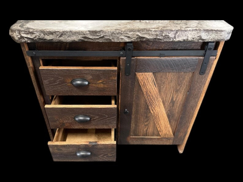 36 Inch Rustic Barn Door Bathroom Vanity with Concrete Top – Reclaimed Wood Vanity