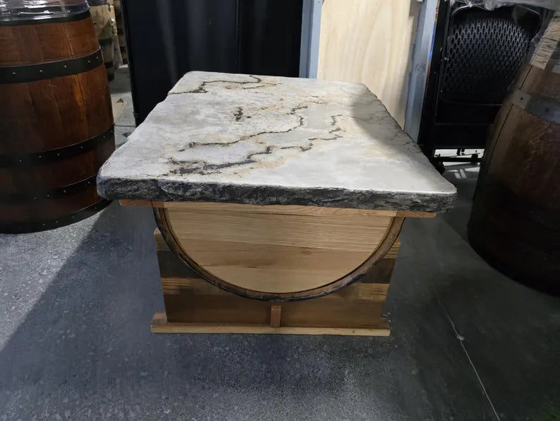 Whiskey Barrel Coffee Table with Concrete Top | Reclaimed Barn Wood Base Rustic Table