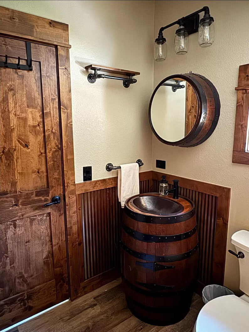 Bourbon Whiskey Barrel Vanity with Hammered Copper Sink | Rustic Bathroom Vanity