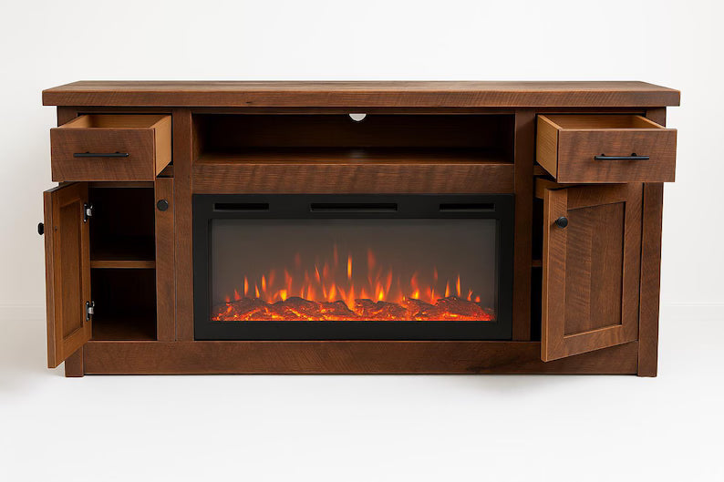 Reclaimed Barn Wood Fireplace TV Stand – Amish Rustic Entertainment Center 72”