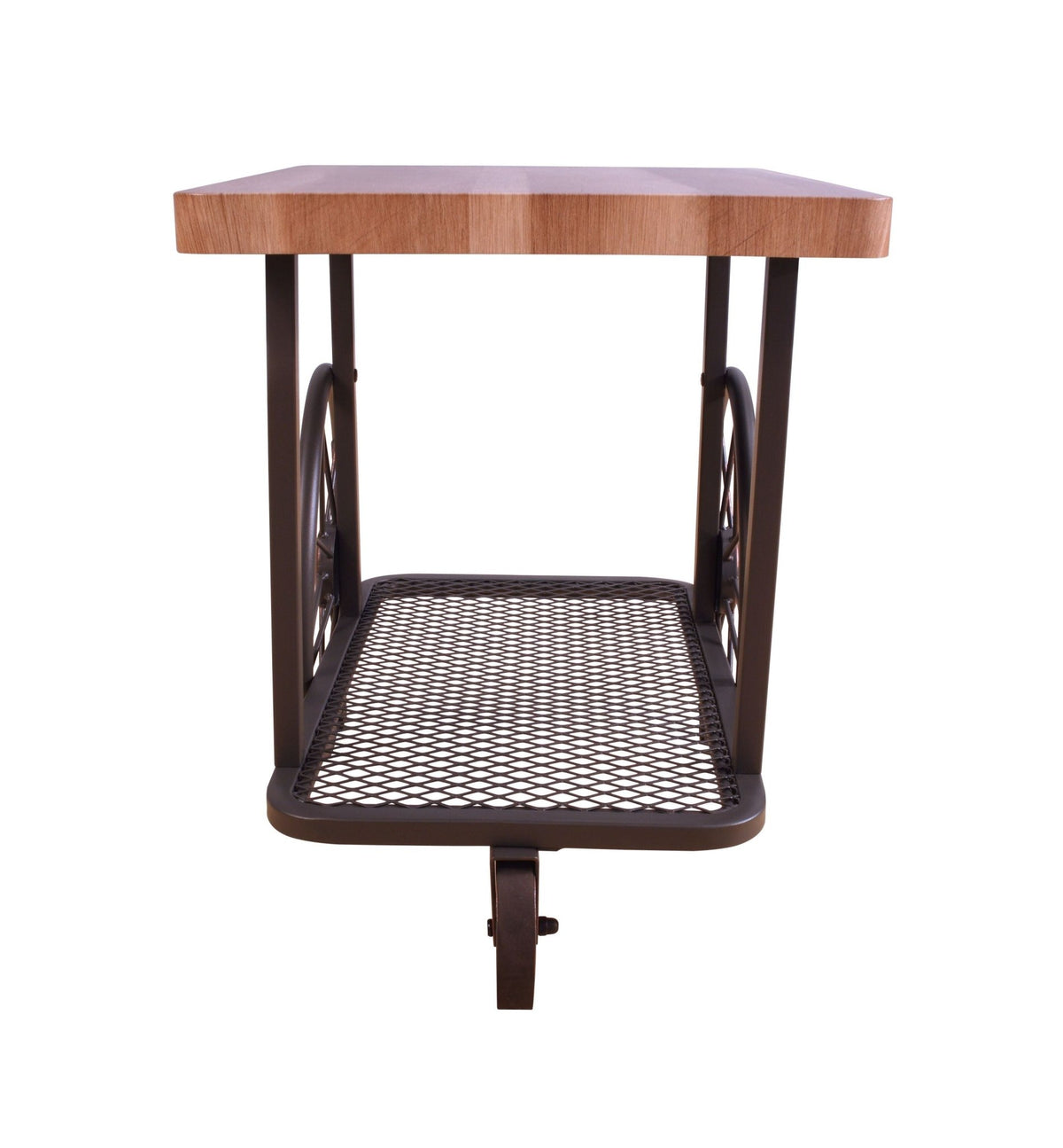 Industrial Oak End Table with Metal Mesh Shelf & Wheels - 1st Choice Furniture Direct