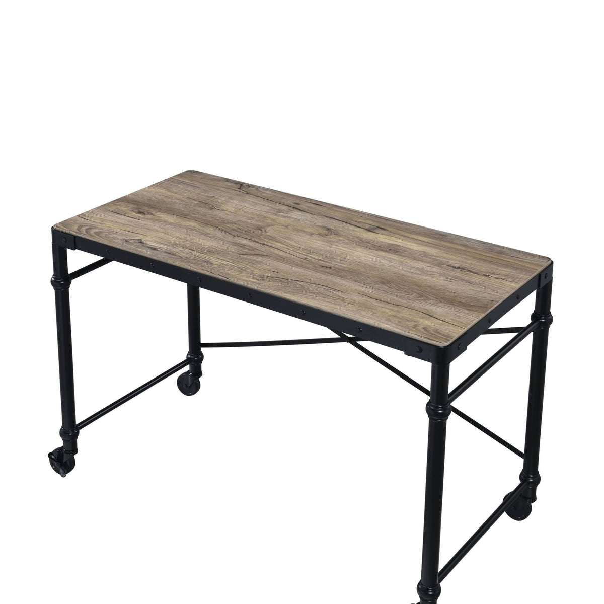Industrial Oak Writing Desk with Rolling Wheels - 1st Choice Furniture Direct