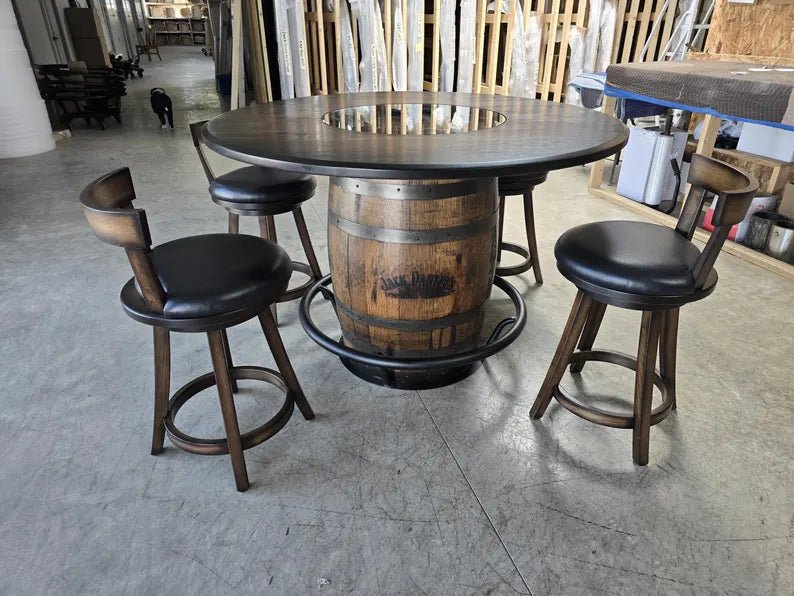Jack Daniel's Whiskey Barrel Pub Table | 54" Rustic Hickory Top - 1st Choice Furniture Direct