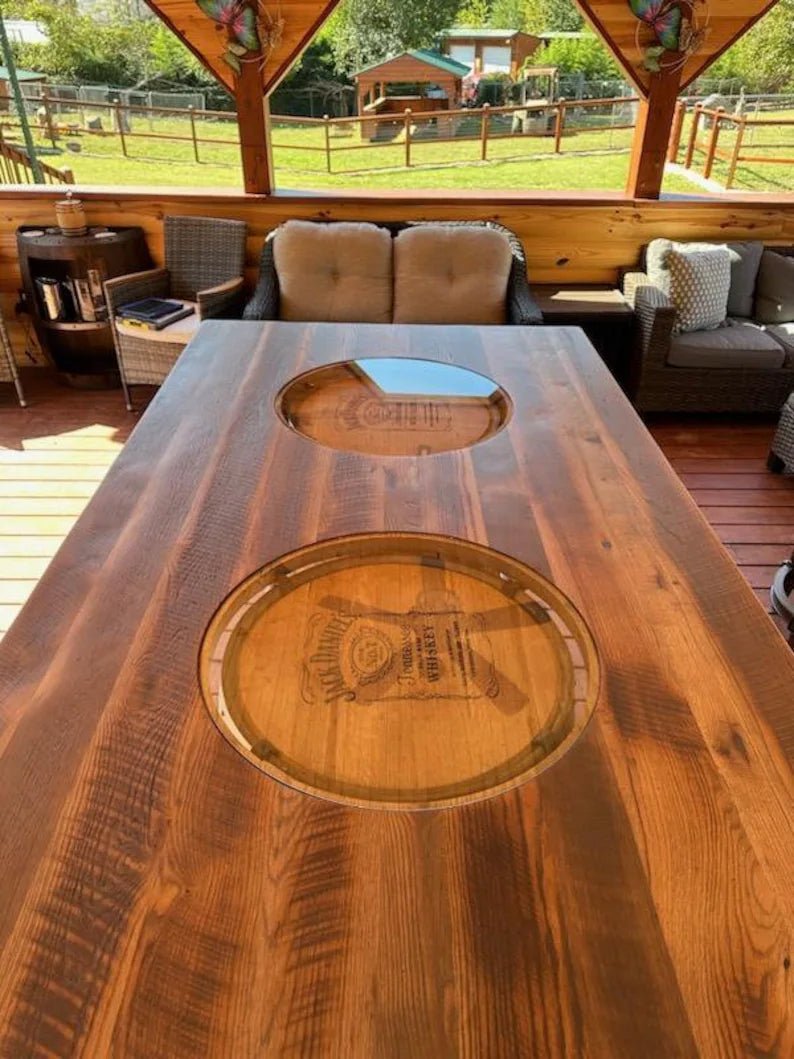 Jack Daniel's Whiskey Barrel Table, Reclaimed Barn Wood Top, Metal Footrest - 1st Choice Furniture Direct