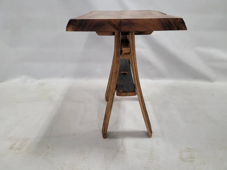 Live Edge Burnt Hickory End Table with Whiskey Barrel Stave Legs and Shelf, Free Shipping, Made in the USA! - 1st Choice Furniture Direct