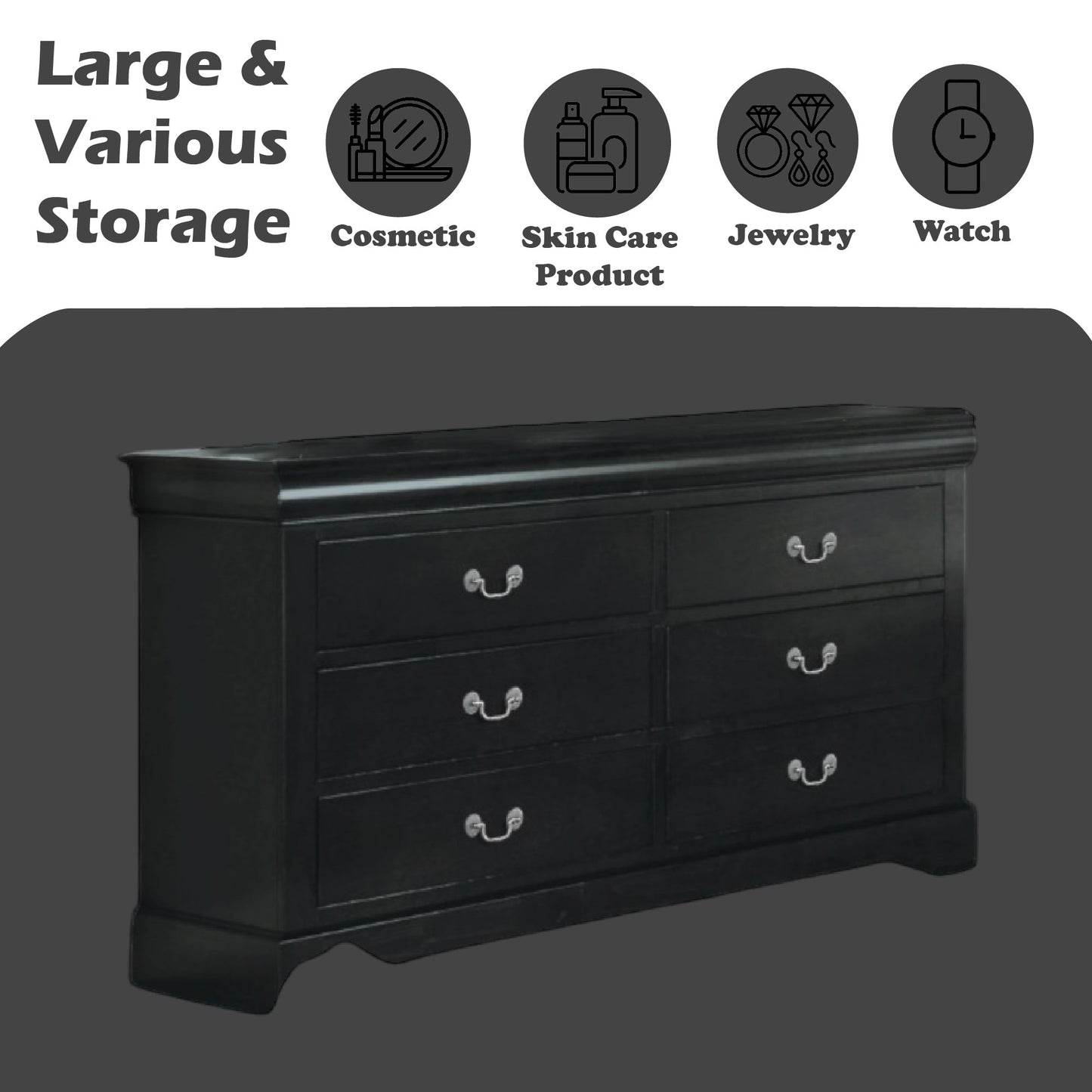 Louis Philippe III Black Finish Dresser - 1st Choice Furniture Direct
