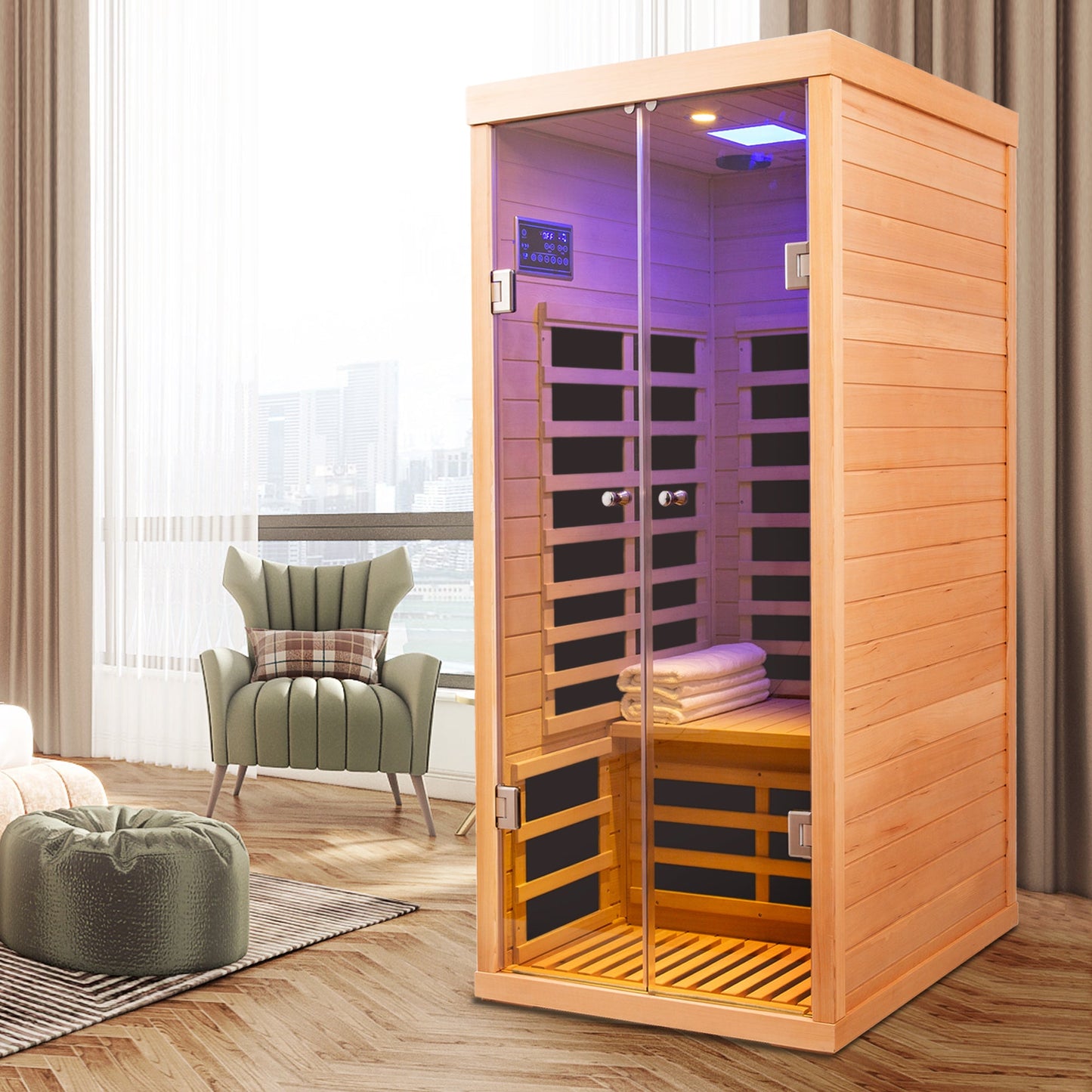 Luxury Indoor Low EMF Far Infrared Sauna Room with Hemlock Wood and Glass Double Doors - 1st Choice Furniture Direct
