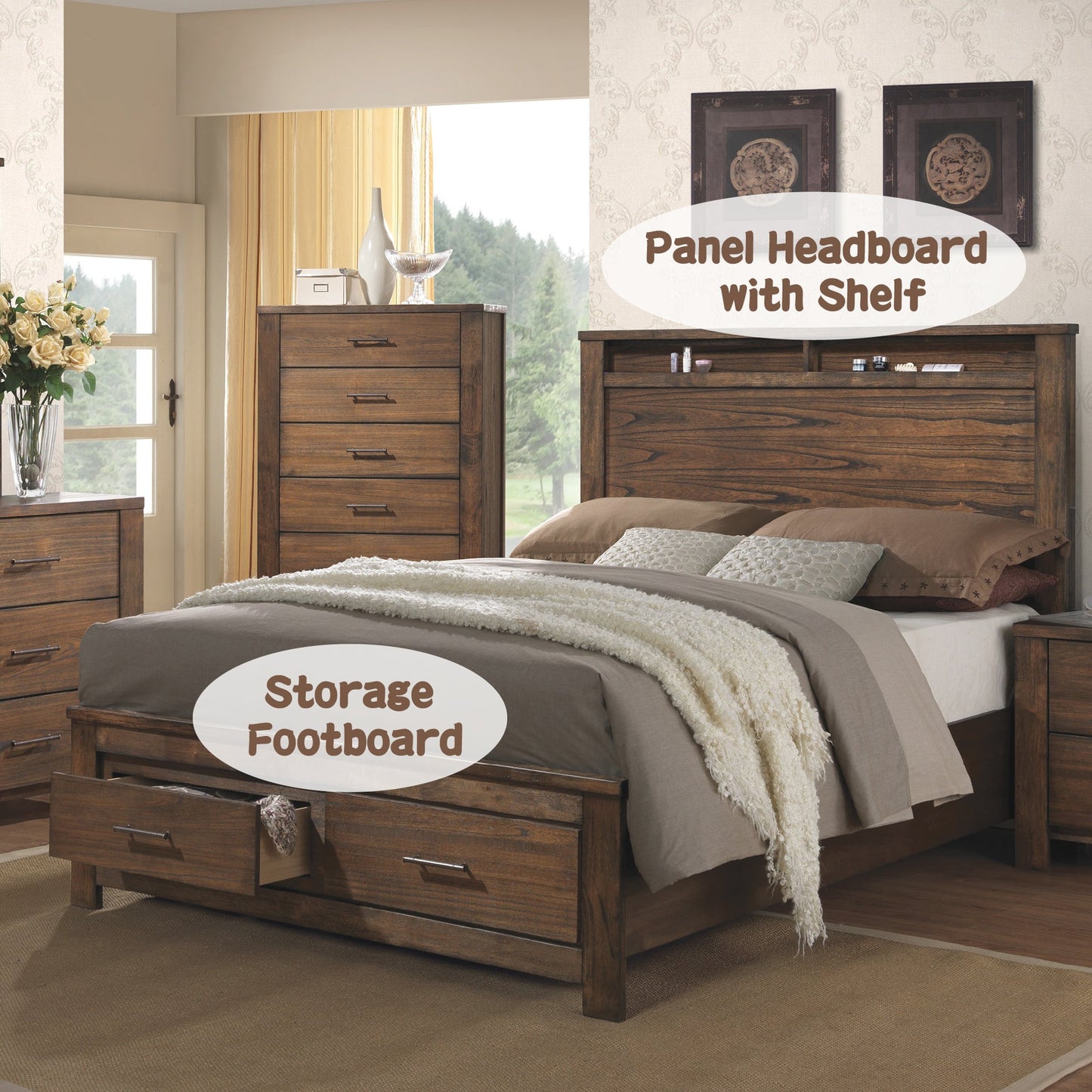 Merrilee Oak Finish EK Bed W/Storage - 1st Choice Furniture Direct