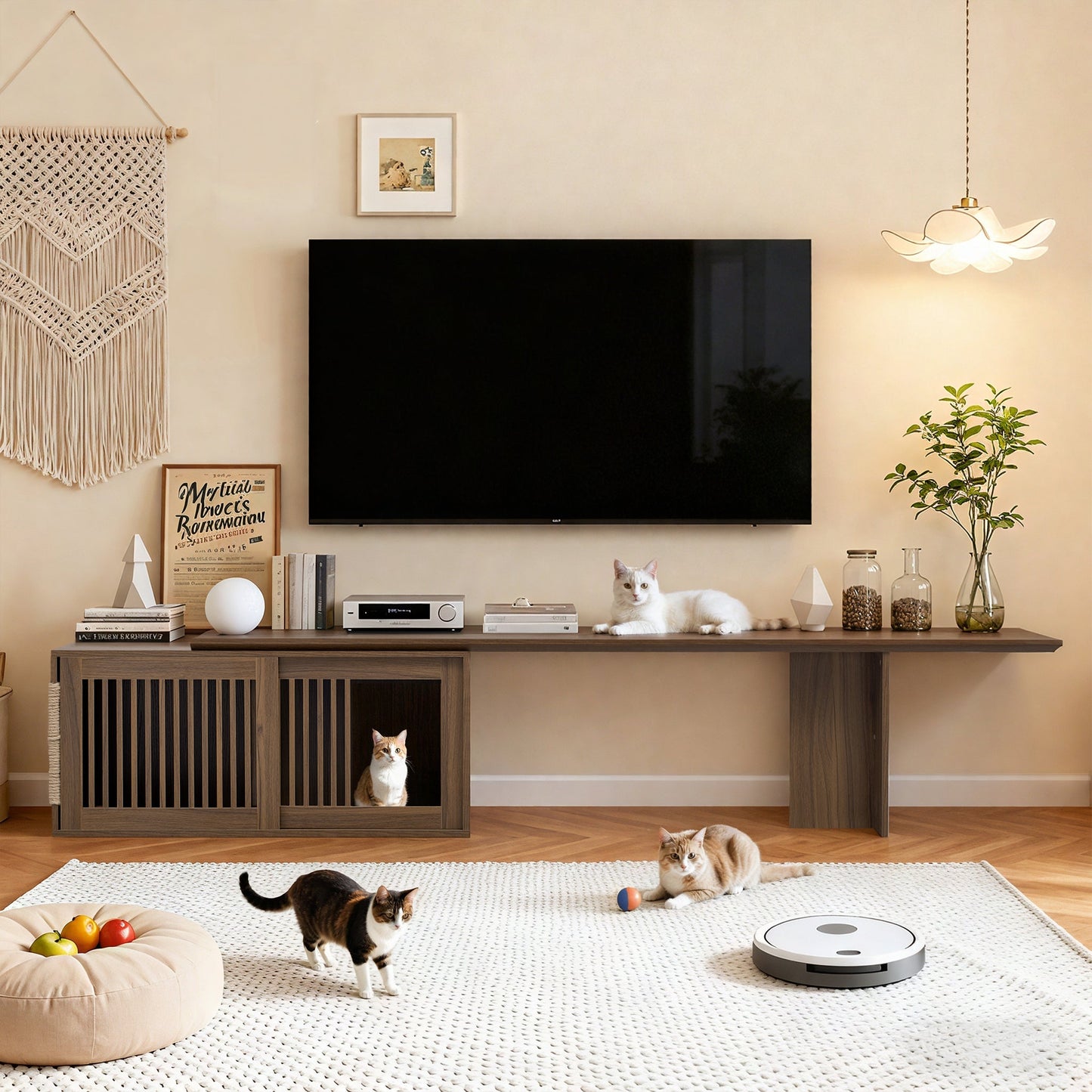 Mid-Century Modern 2 in 1 Cat Furniture 78' Extendable Walnut TV Stand (up to 100'), Entertainment Center Litter Box Enclosure with Cat Scratcher - 1st Choice Furniture Direct