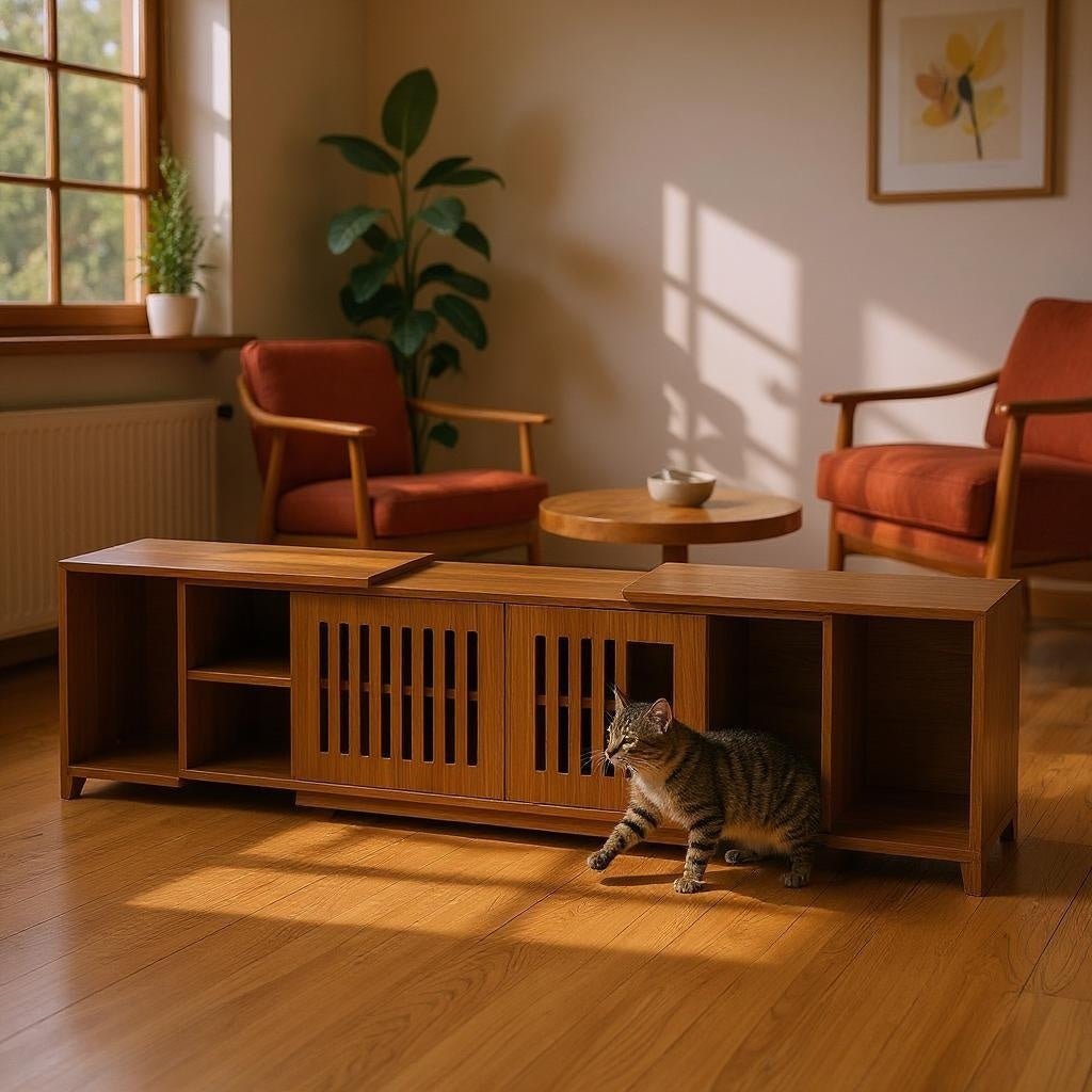 Mid-Century Modern 54.3' Extendable TV Stand (up to 100') with Cat House & Litter Box Enclosure – Walnut Wood Entertainment Center, Sliding Doors, Hidden Pet Furniture - 1st Choice Furniture Direct