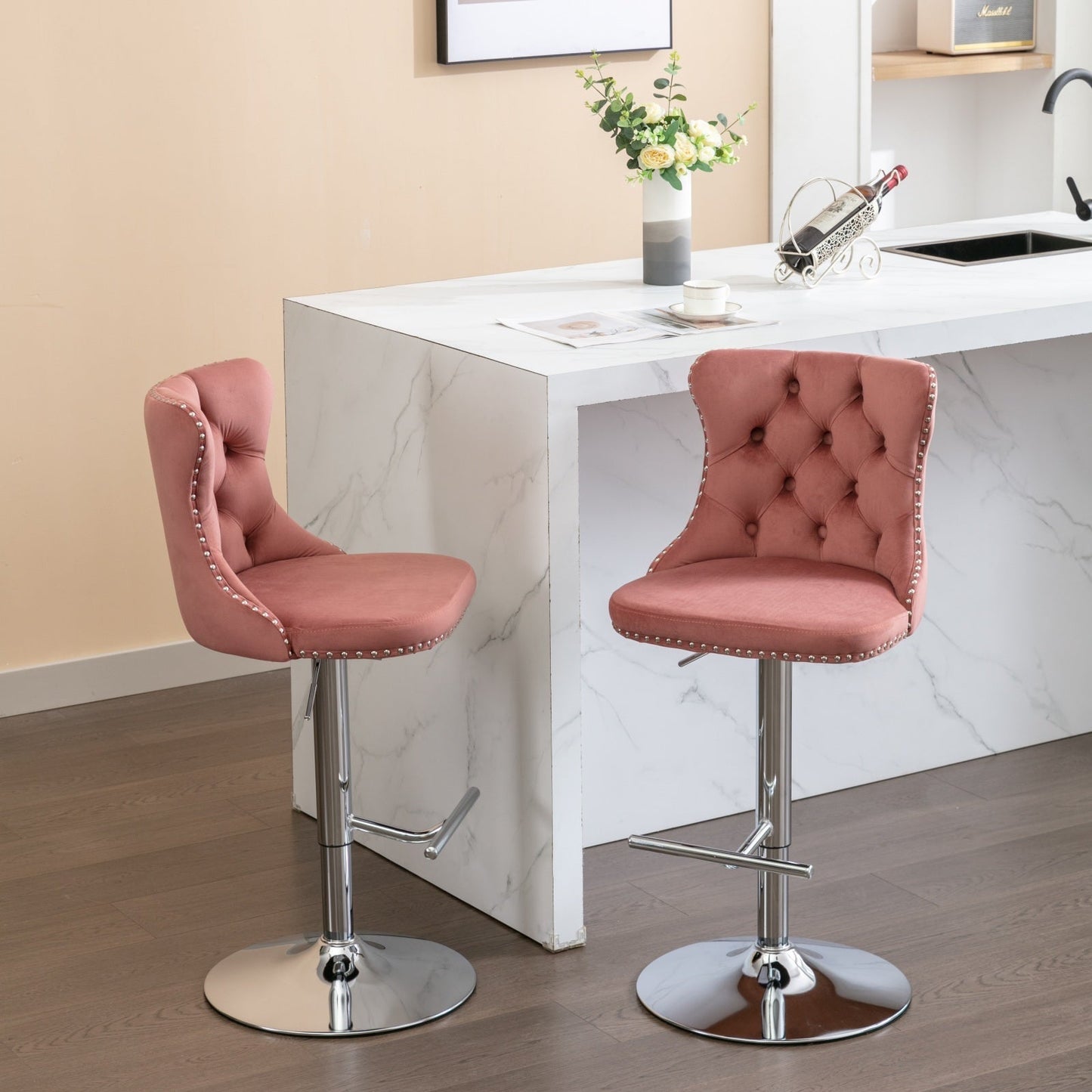 Modern Velvet Swivel Barstools with Adjustable Seat Height and Chrome Base, Pink, Set of 2 - 1st Choice Furniture Direct