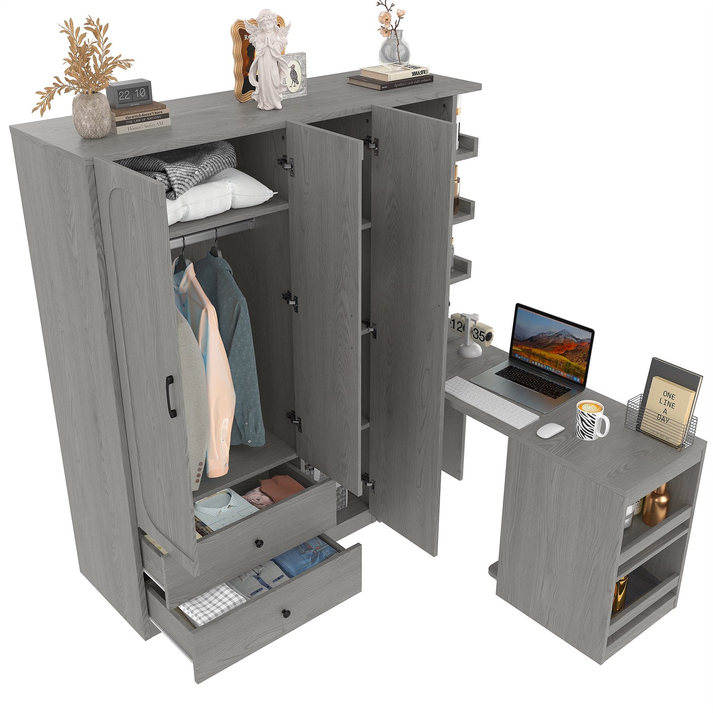 Multifunctional Wardrobe with 2 Doors and Hanging Rod, Wooden clothes closet with Convertible Desk and Storage Drawers, Multi - storage Spaces, for Bedroom, Cloak Room, Laundry, Gray - 1st Choice Furniture Direct