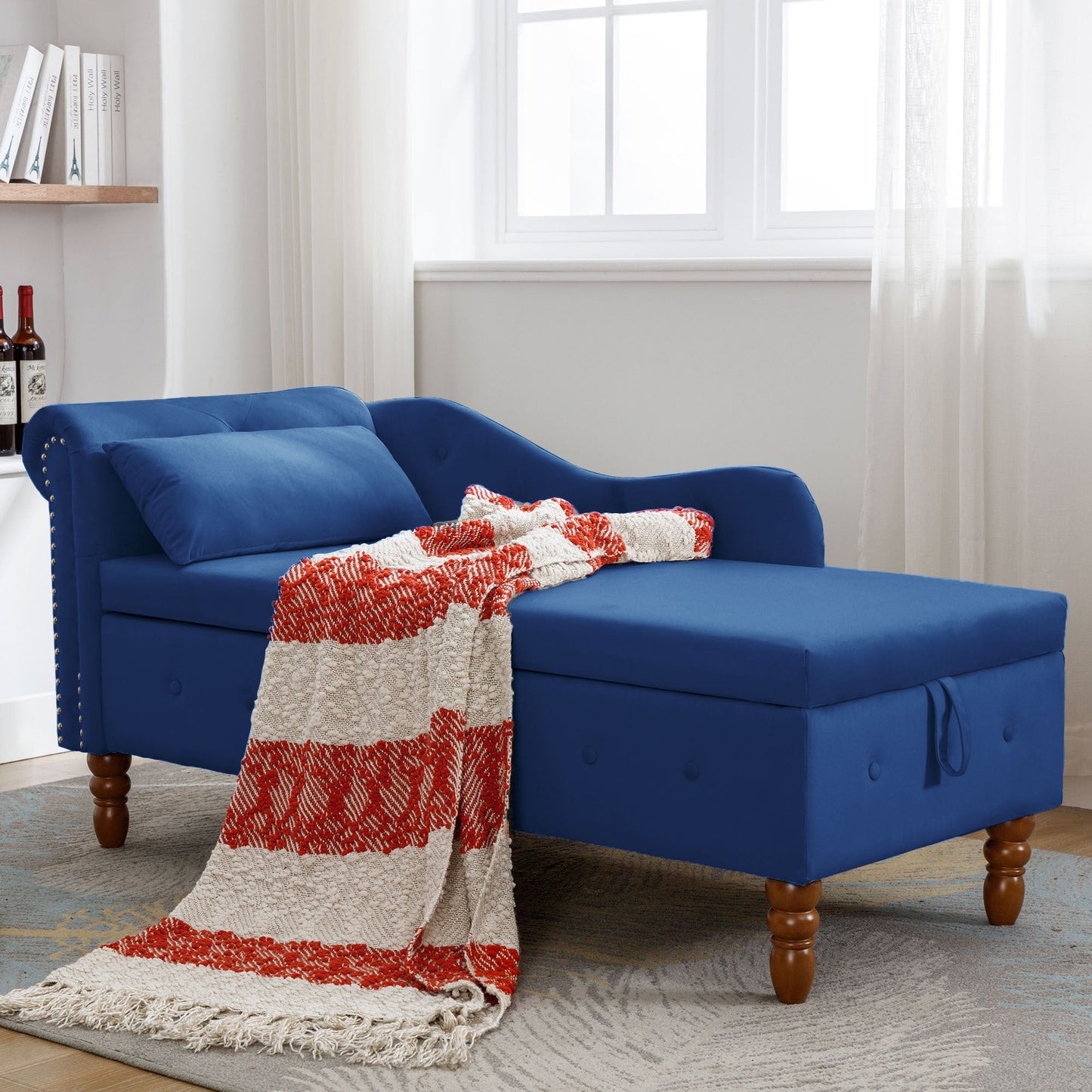 Navy Blue Chaise Lounge Indoor, Velvet Lounge Chair for Bedroom with Storage & Pillow, Modern Upholstered Rolled Arm Chase Lounge for Sleeping with Nailhead Trim for Living Room Bedroom Office - 1st Choice Furniture Direct