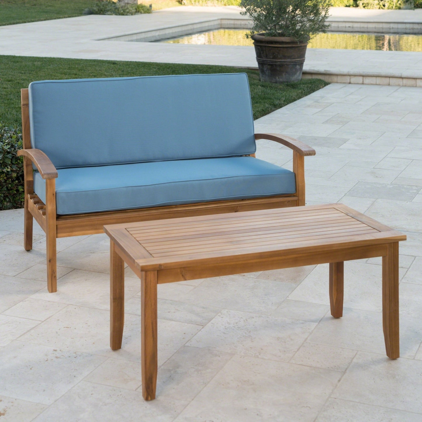 Outdoor Chat Set with Coffee Table and Loveseat, Teak - 1st Choice Furniture Direct