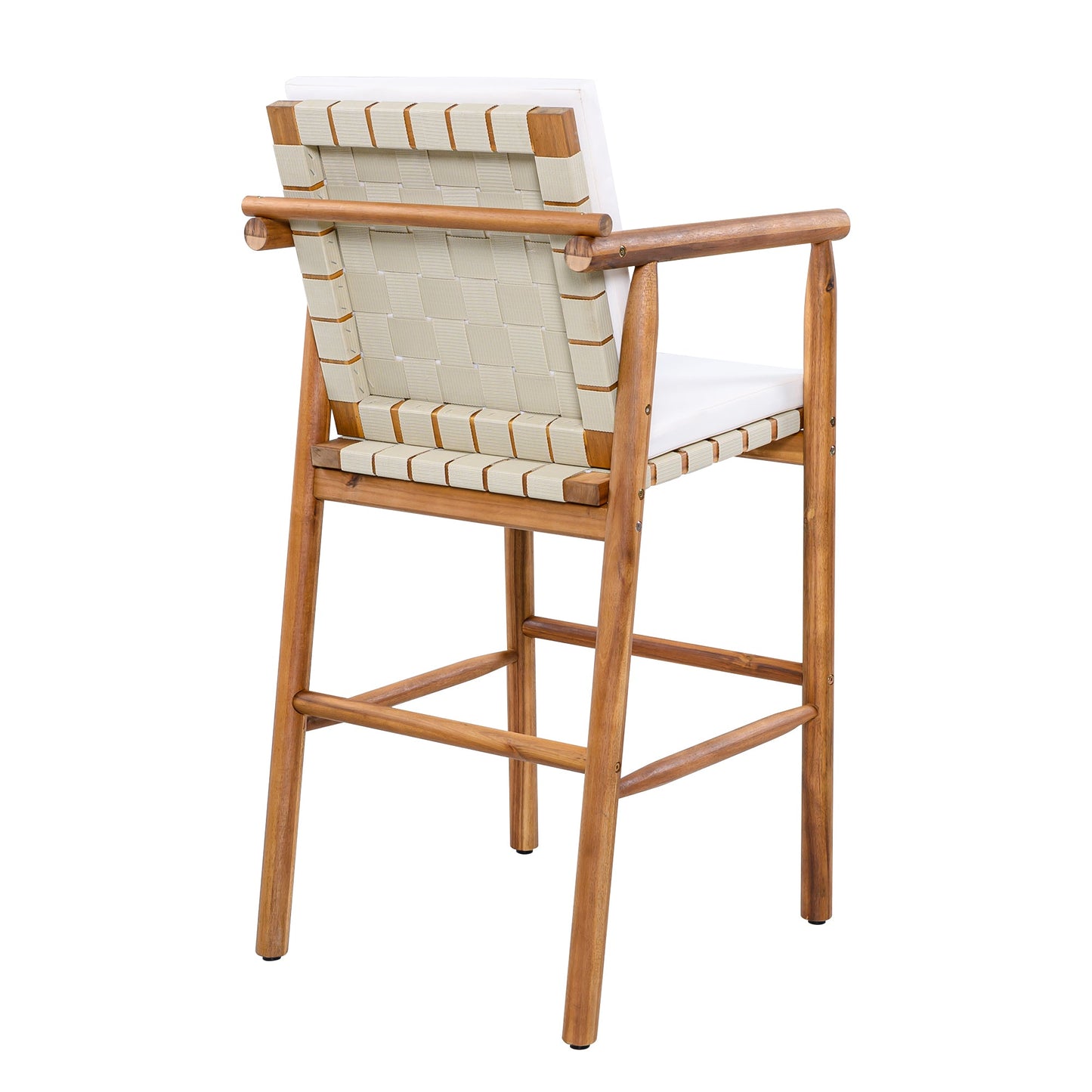 Outdoor Counter Height Bar Stools Chair Set of 2, Modern Patio Acacia Wooden Stools with Backrest Arm and Webbing Seat, for Patio, Pool, Garden, Beige Cushions Included - 1st Choice Furniture Direct