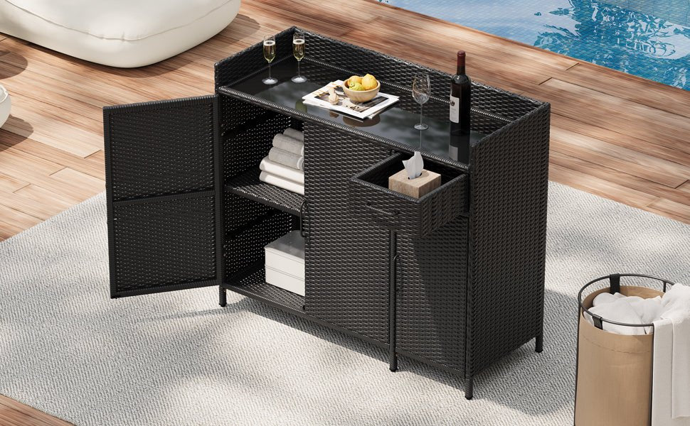 Outdoor Rattan Storage Cabinet with Glass Top | 3 Door Patio Buffet & Indoor Storage Console - 1st Choice Furniture Direct