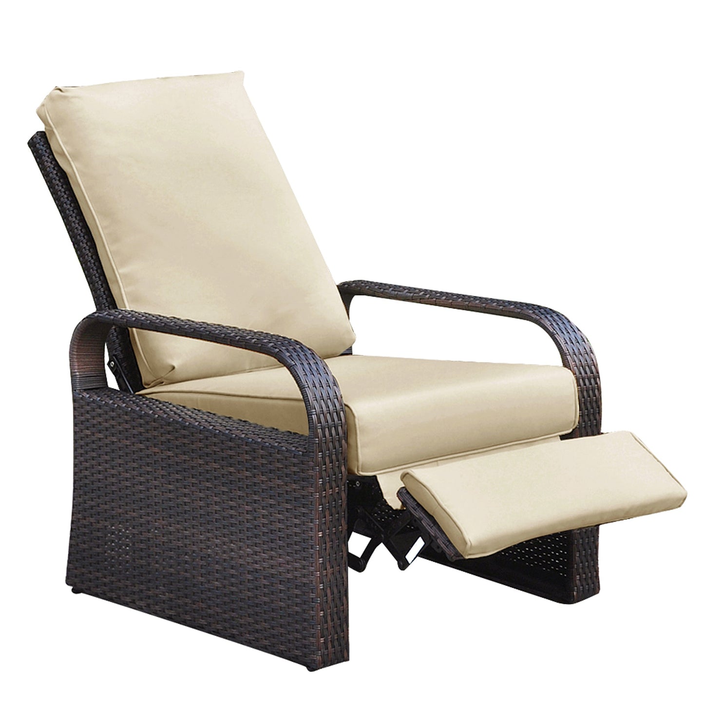 Outdoor Recliner, Automatic Adjustable Wicker Lounge Recliner Chair with Comfy Thicken Cushion, All Weather Aluminum Frame, Brown Wicker + Khaki Cushion - 1st Choice Furniture Direct