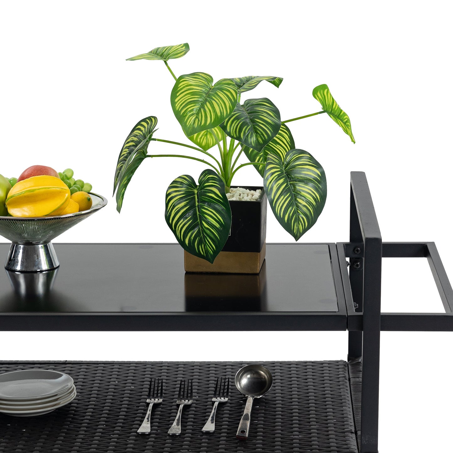 Outdoor Wicker Bar Cart, Patio Wine Serving Cart w/Wheels, Rolling Rattan Beverage Bar Counter Table w/Glass Top for Porch Backyard Garden Poolside Party, Black - 1st Choice Furniture Direct