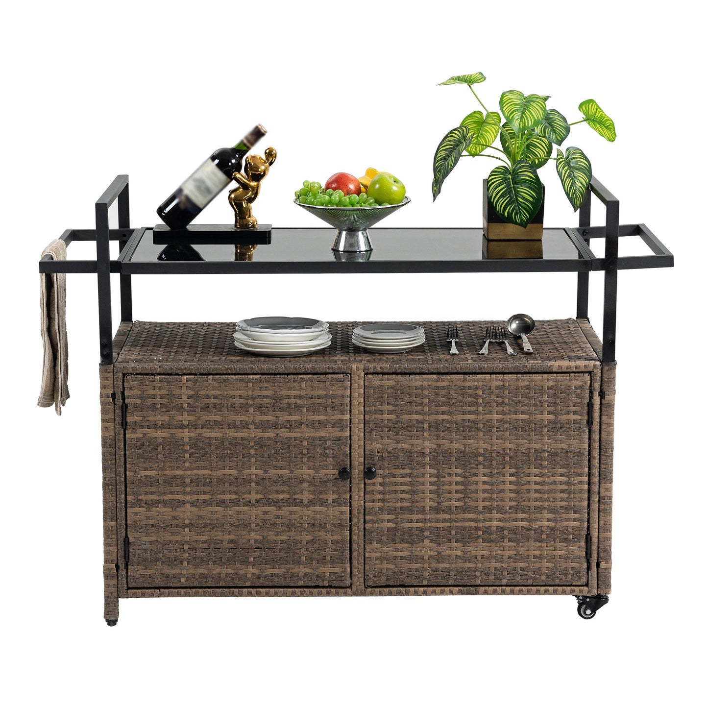 Outdoor Wicker Bar Cart with Ice Bucket & Wheels - 1st Choice Furniture Direct
