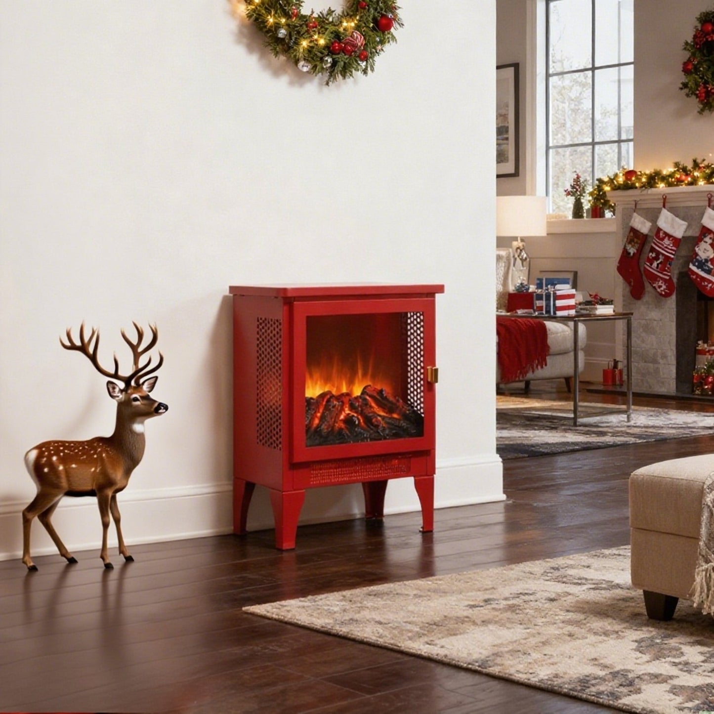 Portable Red Electric Fireplace Heater with 3-Sided Flame View - 1st Choice Furniture Direct