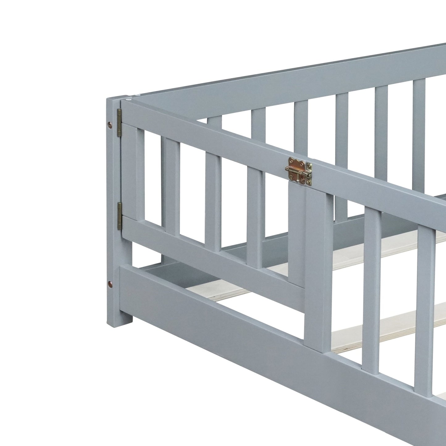 Queen Floor Bed with Fence – Grey Rubber Wood Kids Bed Frame - 1st Choice Furniture Direct