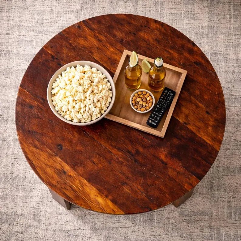 Reclaimed Barn Wood Round Coffee Table – 33” Rustic Farmhouse Table w/ Shelf – Solid Wood Living Room Table – Handmade Amish Built Table - 1st Choice Furniture Direct