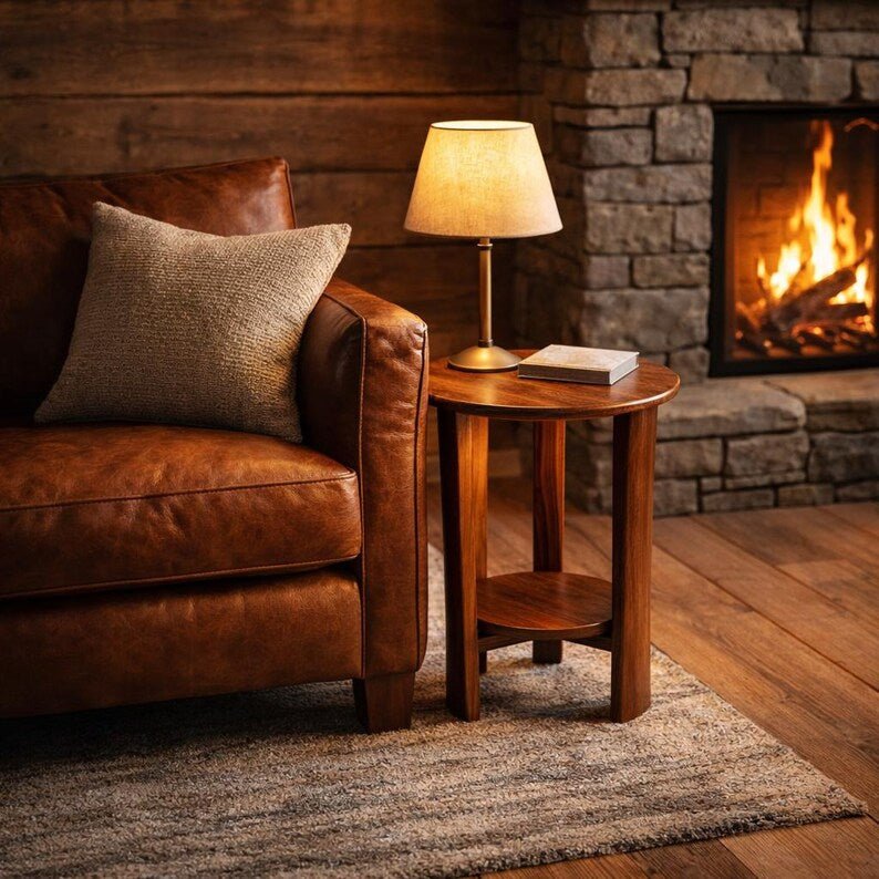 Reclaimed Barn Wood Round End Table with Shelf, Hand Built Chairside Table Amish Furniture Rustic Emd Table - 1st Choice Furniture Direct