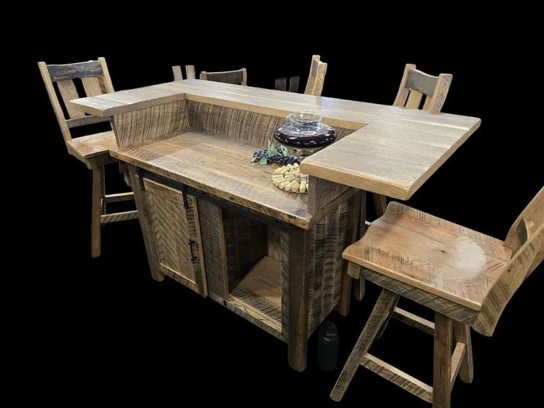 Reclaimed Barnwood Bar Set with 4 Stools – Rustic Farmhouse Bar Cabinet - 1st Choice Furniture Direct