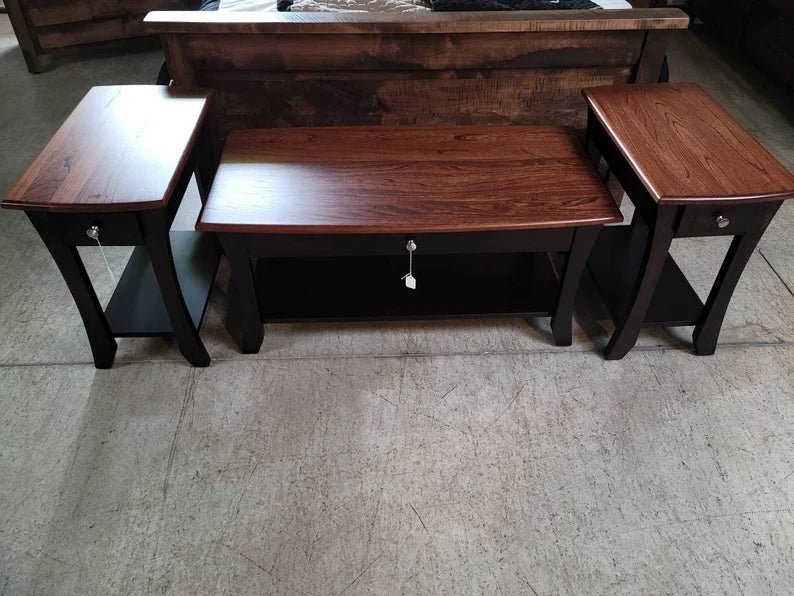 Roseberry Coffee Table with Drawer and Shelf, Elm Top with Maple Base, Hand Built in the USA - 1st Choice Furniture Direct