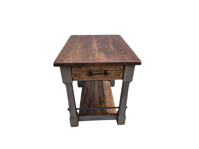 Rustic Barn Wood End Table with Drawer – Oak & Steel Farmhouse Side Table - 1st Choice Furniture Direct