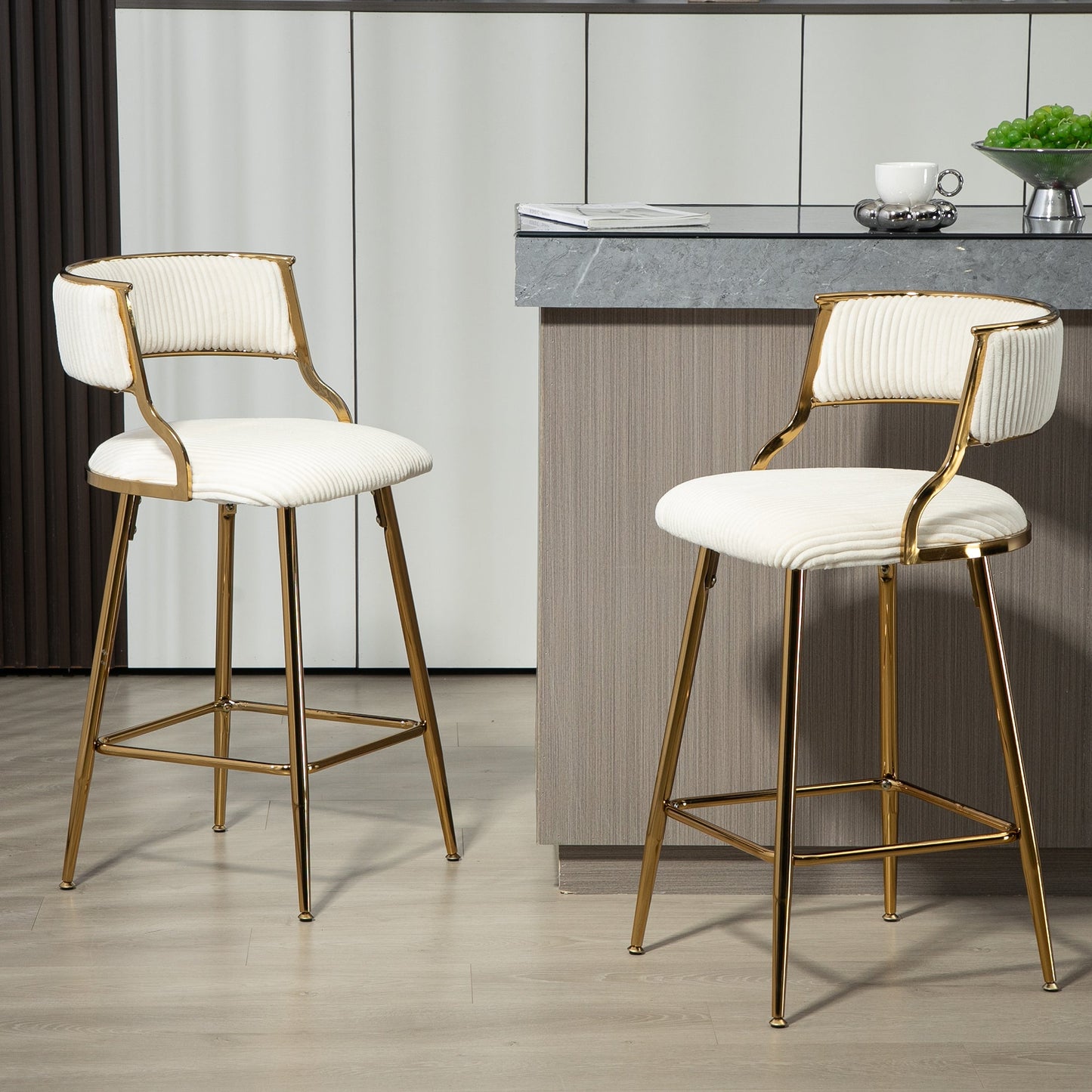 (SET of 2) 26'' Counter height bar stools Corduroy kitchen island counter bar stool with back,golden chromed base and footrest (BEIGE) - 1st Choice Furniture Direct