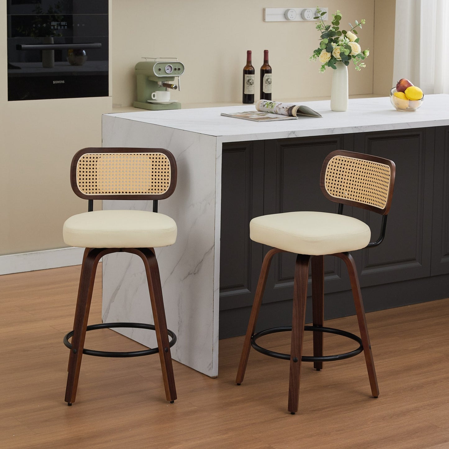 Set of 2 Counter Height Bar Stools - 26 inch Rattan Counter Height Stools with Cane Back, Upholstered Seat, Walnut Craftsmanship, Swivel Counter Stools for Island/Kitchen/Counter/Bar (Walnut /Beige) - 1st Choice Furniture Direct