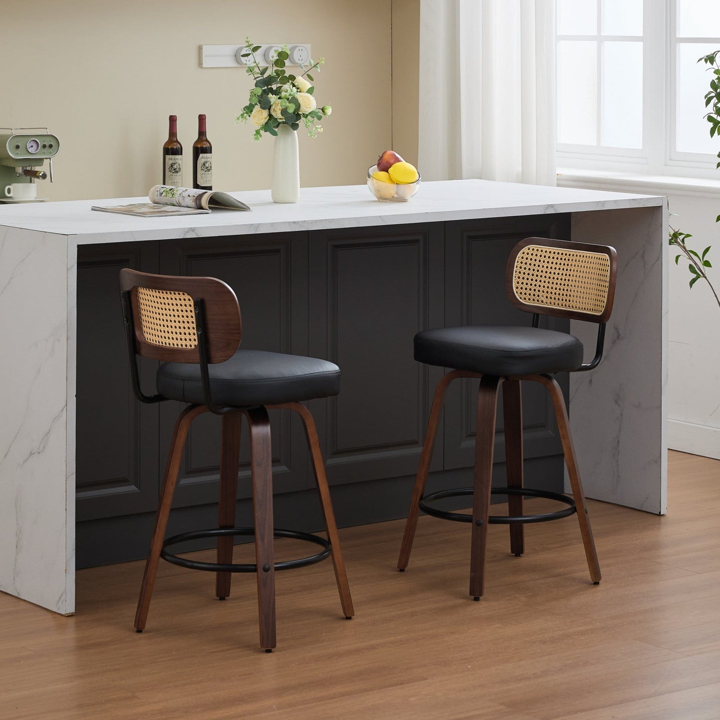 Set of 2 Counter Height Bar Stools - 26 inch Rattan Counter Height Stools with Cane Back, Upholstered Seat, Walnut Craftsmanship, Swivel Counter Stools for Island/Kitchen/Counter/Bar (Walnut Black) - 1st Choice Furniture Direct
