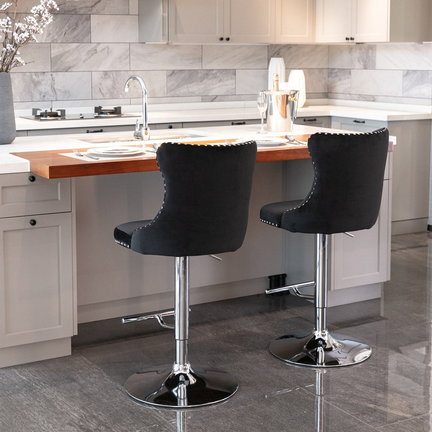 Swivel Velvet Barstools Adjusatble Seat Height from 25 - 33 Inch, Chrome base Bar Stools with Backs Comfortable Tufted for Home Pub and Kitchen Island,Set of 2,AS1712BK,Black - 1st Choice Furniture Direct