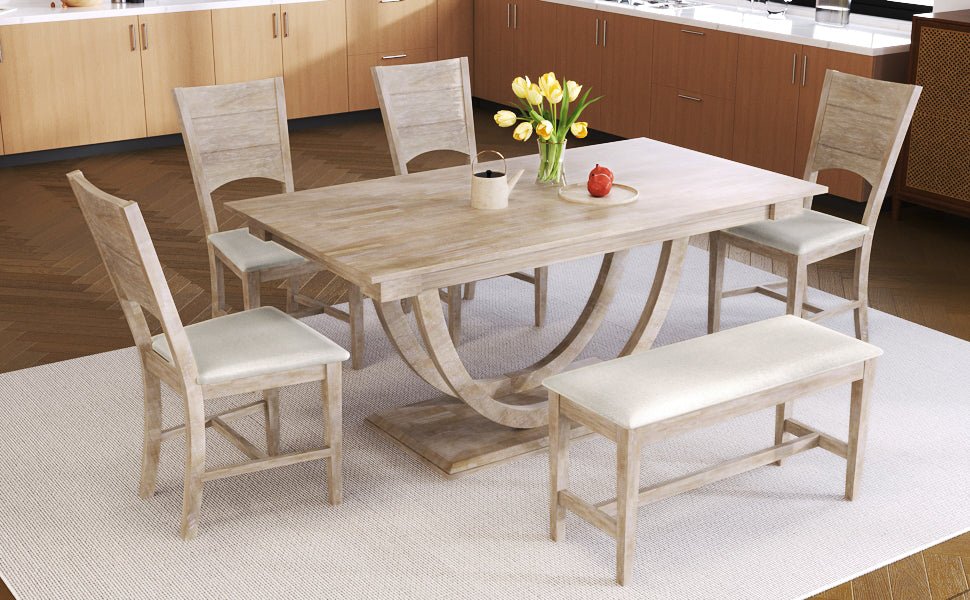 TOPMAX Modern Style Natural Wood 6 - Piece Dining Table Set with Bench and Chairs, Upholstered Seats, Rubberwood Frame - 1st Choice Furniture Direct