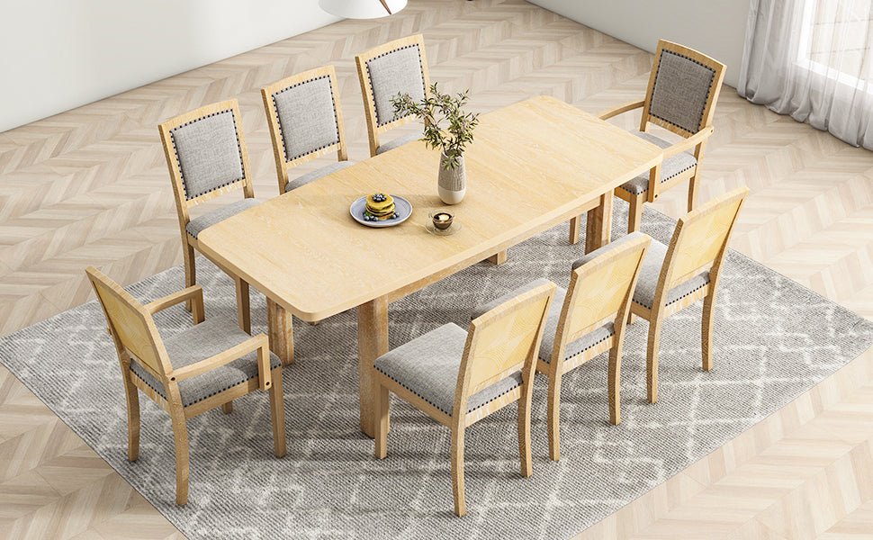 TOPMAX Rustic Extendable Dining Table Set with Removable Leaf, 6 Upholstered Armless Dining Chairs and 2 Padded Arm Chairs, Natural - 1st Choice Furniture Direct