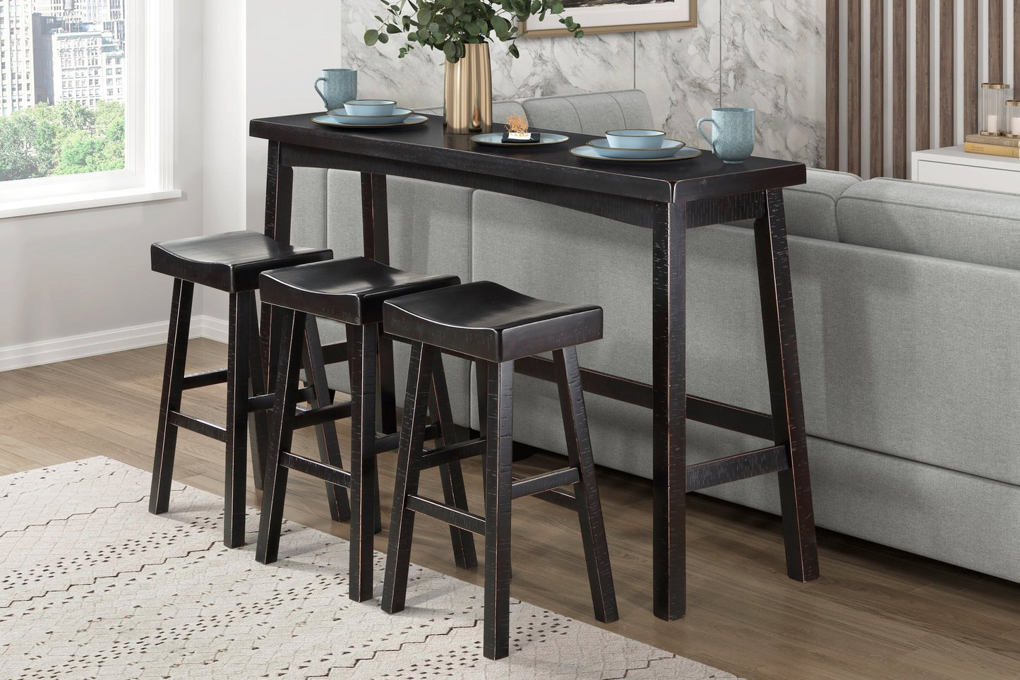 Transitional 4 - Piece Pub Height Set, Table and Bar Stools Black Finish Solid Rubberwood Furniture - 1st Choice Furniture Direct