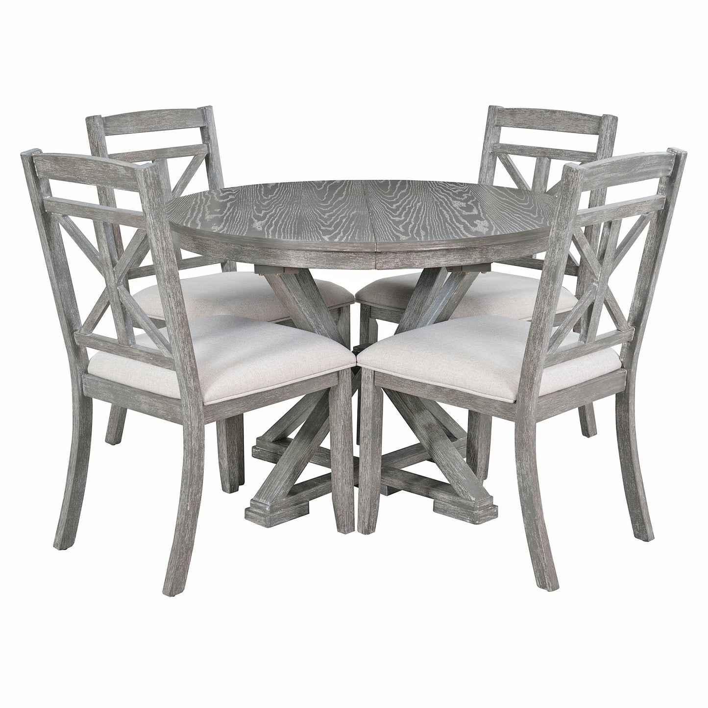 TREXM 5 - Piece Retro Functional Dining Table Set Extendable Round Table and 4 Upholstered Chairs for Dining Room and Living Room (Grey) - 1st Choice Furniture Direct