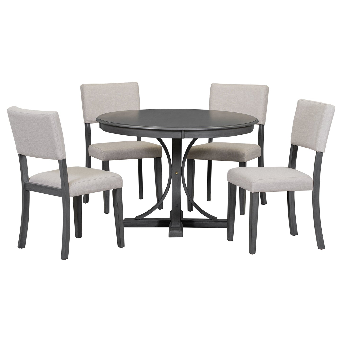 TREXM 5 - Piece Retro Round Dining Table Set with Curved Trestle Style Table Legs and 4 Upholstered Chairs for Dining Room (Dark Gray) - 1st Choice Furniture Direct