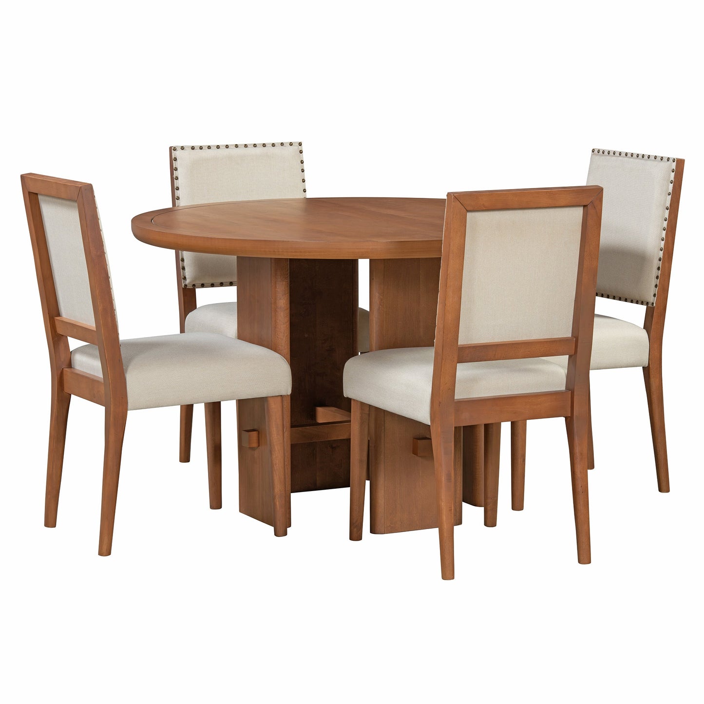 TREXM 5 - Piece Round Dining Table Set for 4, Minimalist Farmhouse Dining Table with 4 Solid Wood Upholstered Chairs, Kitchen & Dining Room Sets (Brown) - 1st Choice Furniture Direct