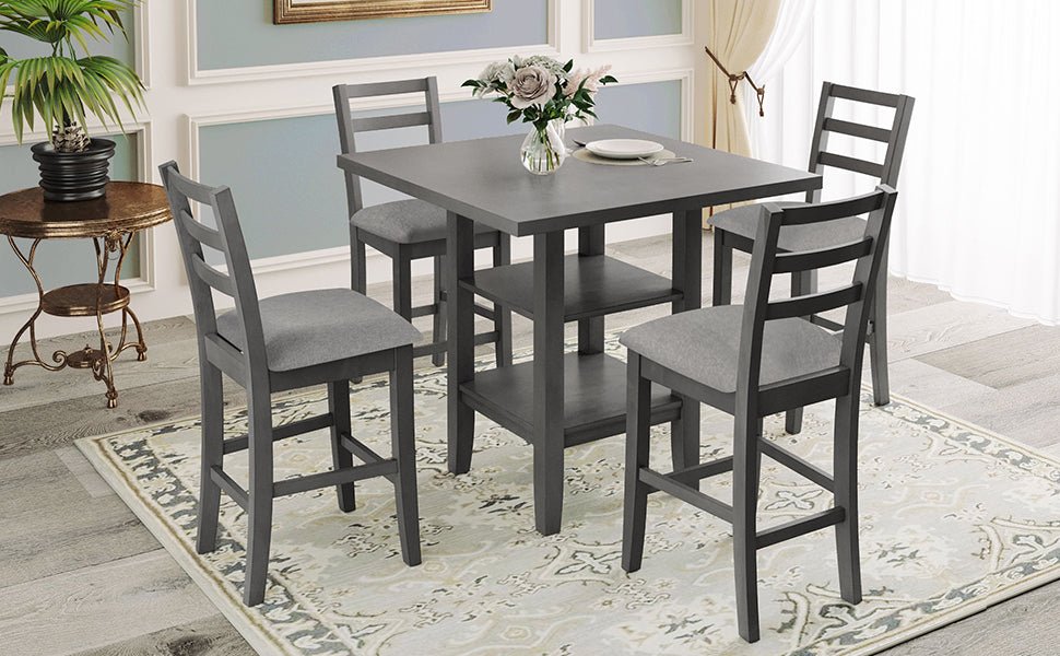TREXM 5 - Piece Wooden Counter Height Dining Set with Padded Chairs, Storage Shelving, Gray Finish - 1st Choice Furniture Direct