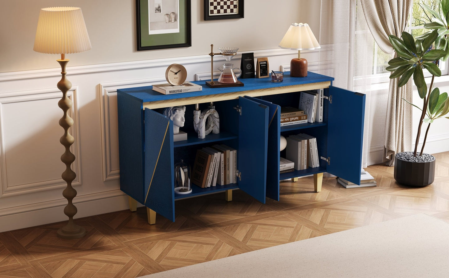 TREXM 60' Retro Buffet Cabinet with Storage, 4 - Door Vintage Sideboard Cabinet with Dimensional Effect Doors and Adjustable Shelves for Dining Room, Kitchen, and Living Room (Light and Dark Navy) - 1st Choice Furniture Direct
