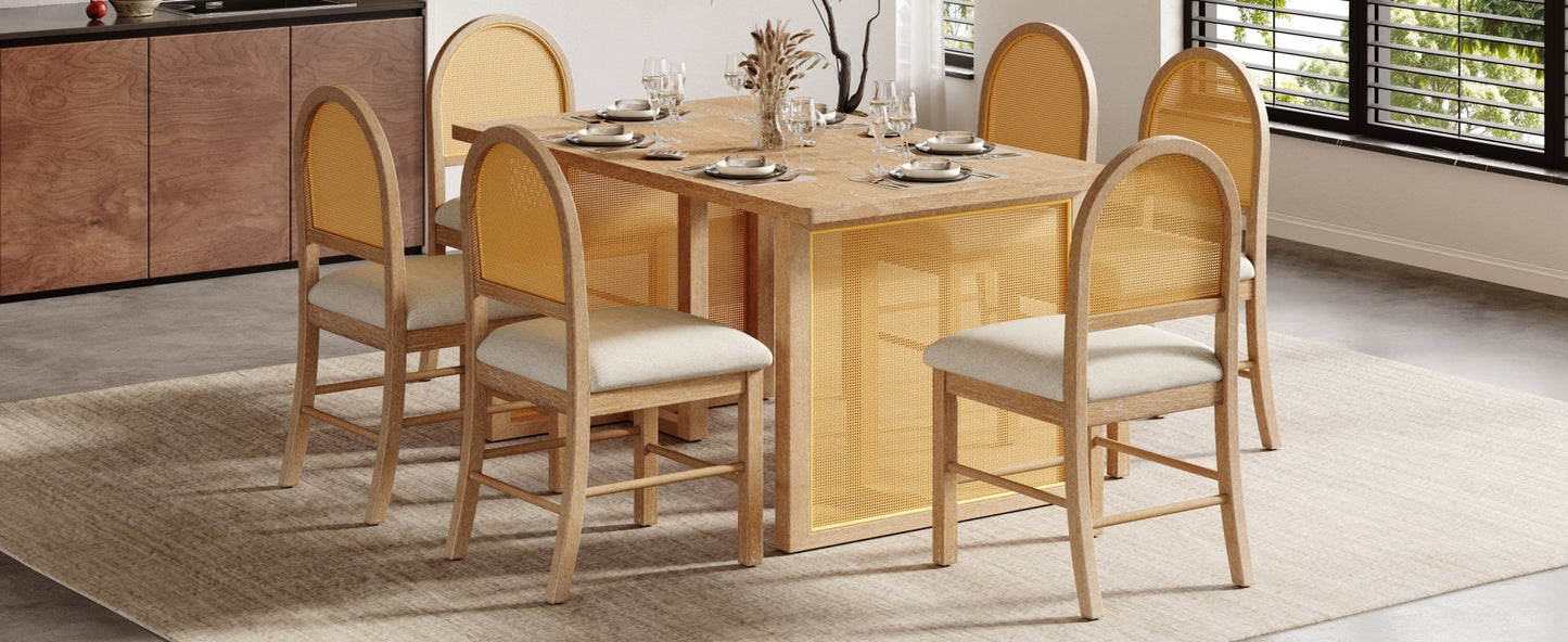 TREXM 7 - Piece Farmhouse Dining Table Set for 6 - 59.8' Rectangular Dining Table with Distressed Oak Veneer and 6 Rattan Chairs, Rustic Kitchen Furniture for Dining Room(Natural) - 1st Choice Furniture Direct