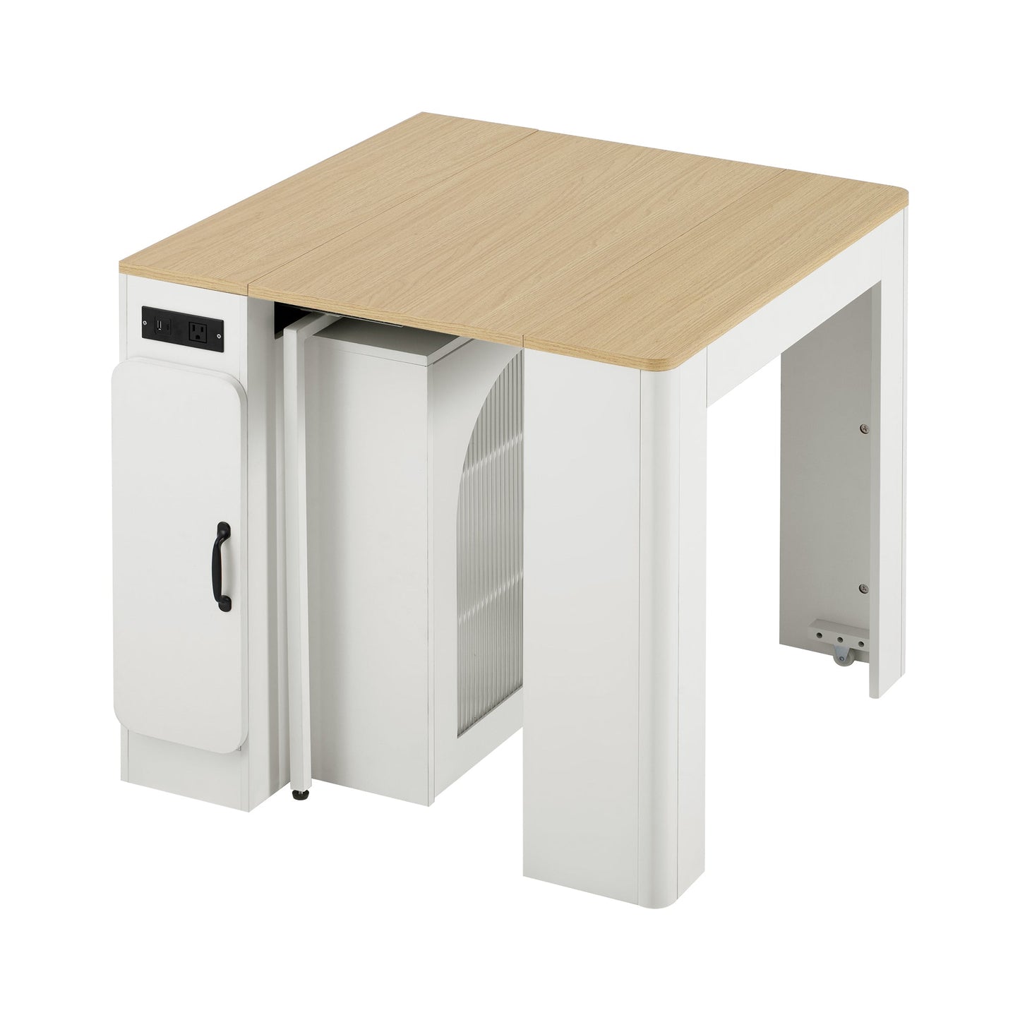 TREXM Extendable Dining Table with 3 Removable Middle Leaves, Mobile Rolling Island Table with Power Outlet, Saving - space Cabinet with Storage for Dining Room and Living Room (CREAM WHITE AND NATURAL) - 1st Choice Furniture Direct