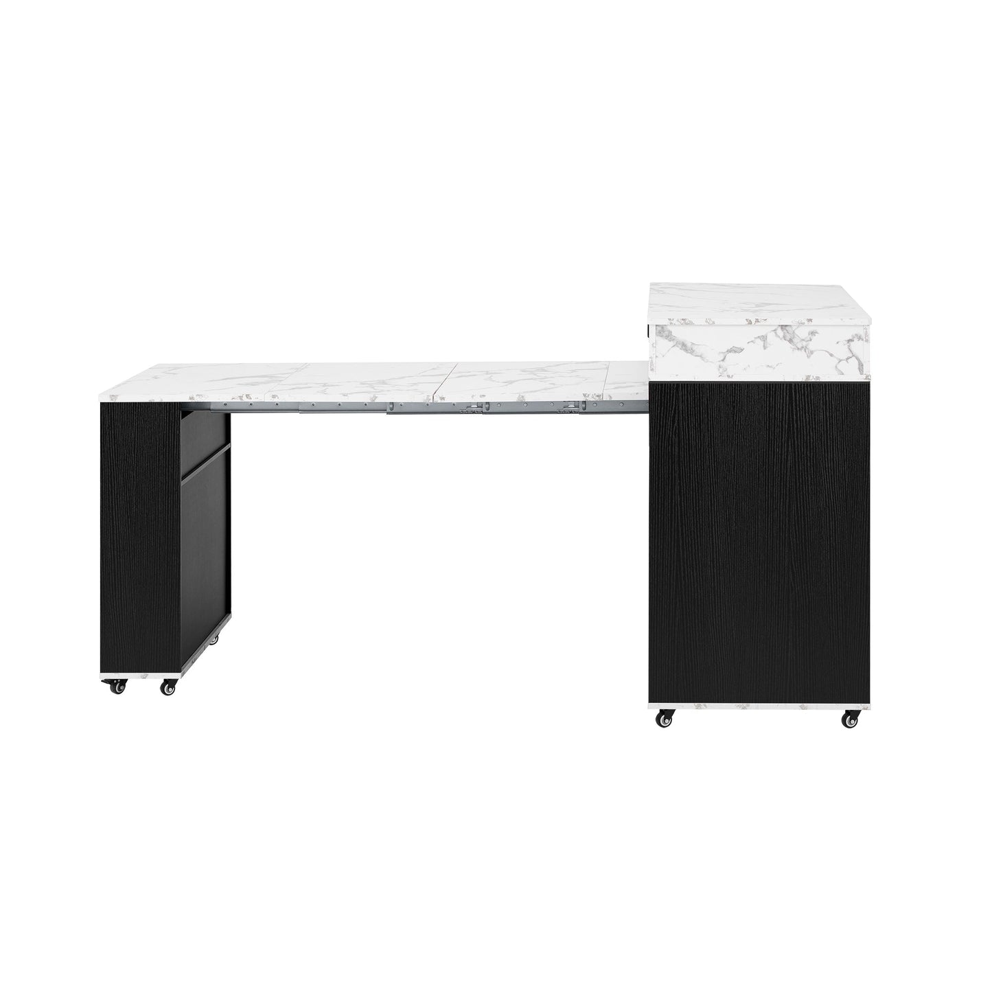 TREXM Extendable Dining Table with Extra - Long Folding Top, Rolling Kitchen Island with Drawers, Power Outlet and Brake lock, Storage Cabinet for Kitchen and Dining Room (Black + Marble White) - 1st Choice Furniture Direct